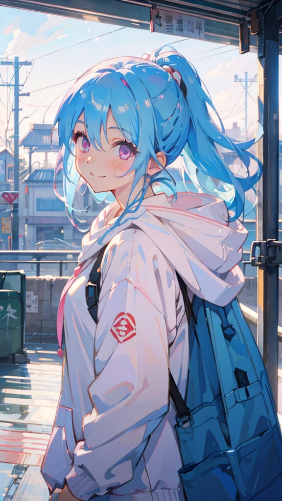 1 Girl、Anime style painting、Light blue hair、Pink Eyes、smile、blush、Small 、From the side、A lot of acorns、smile、Upper body close-up、From the side、Wearing a white hoodie、Railway station background