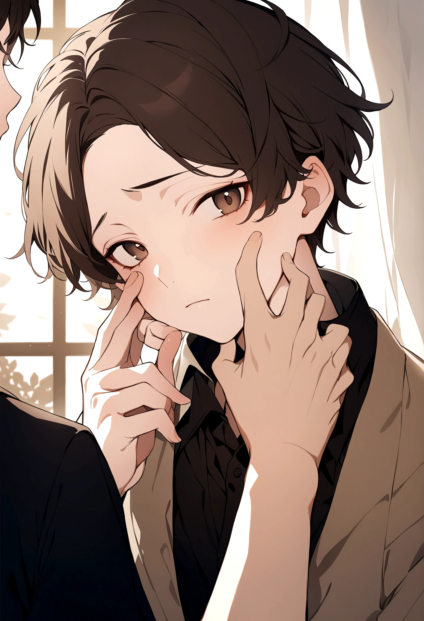 (Masterpiece, 32k, 8k, image focused on the character's face), young man, , tired expression on his face, dark brown hair, dark brown eyes, two hands of another character touch his face, character staring at the viewer