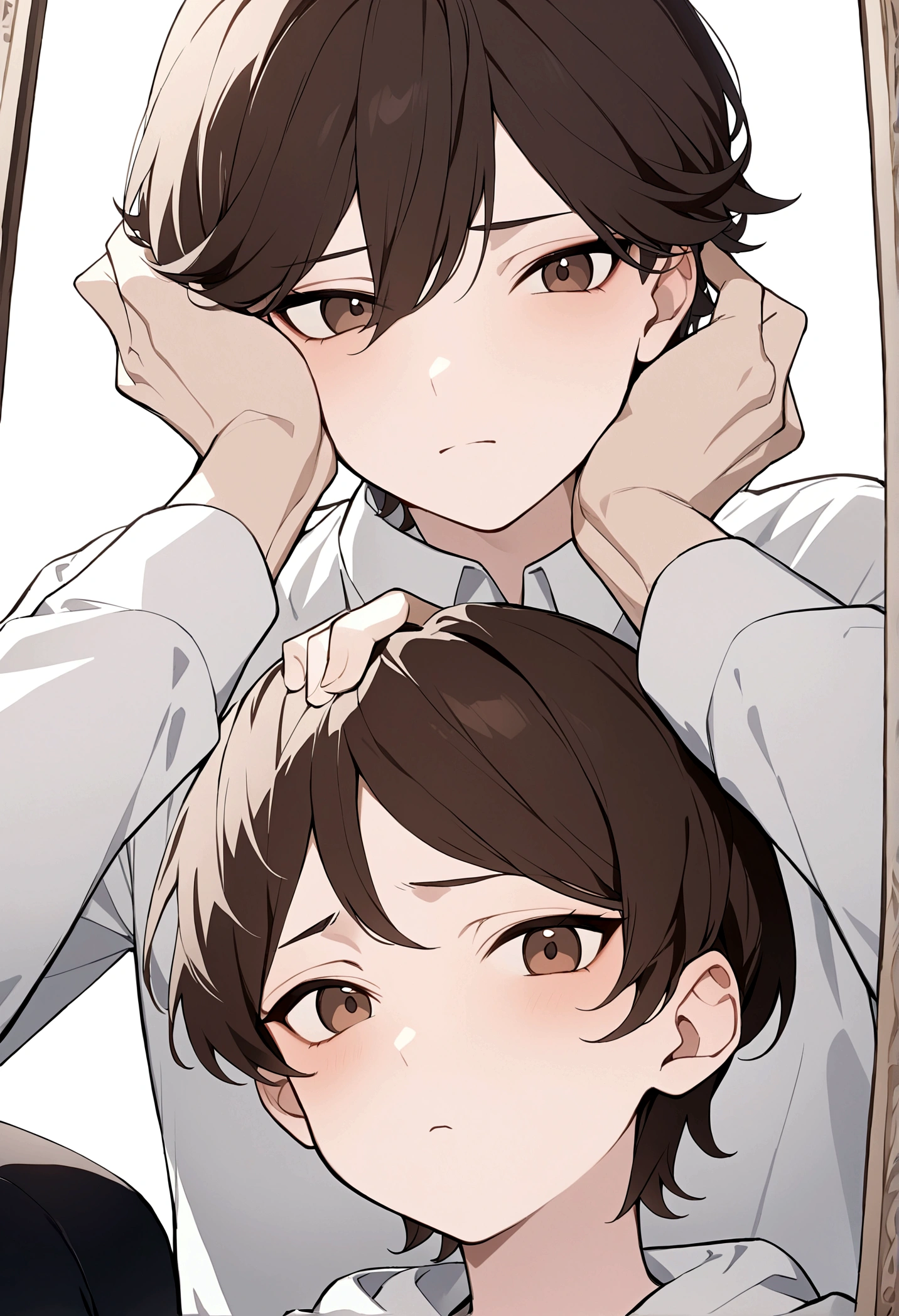 (Masterpiece, 32k, 8k, image focused on the character's face), young man, 13 years old, tired expression on his face, dark brown hair, dark brown eyes, two hands of another character touch his face, character staring at the viewer