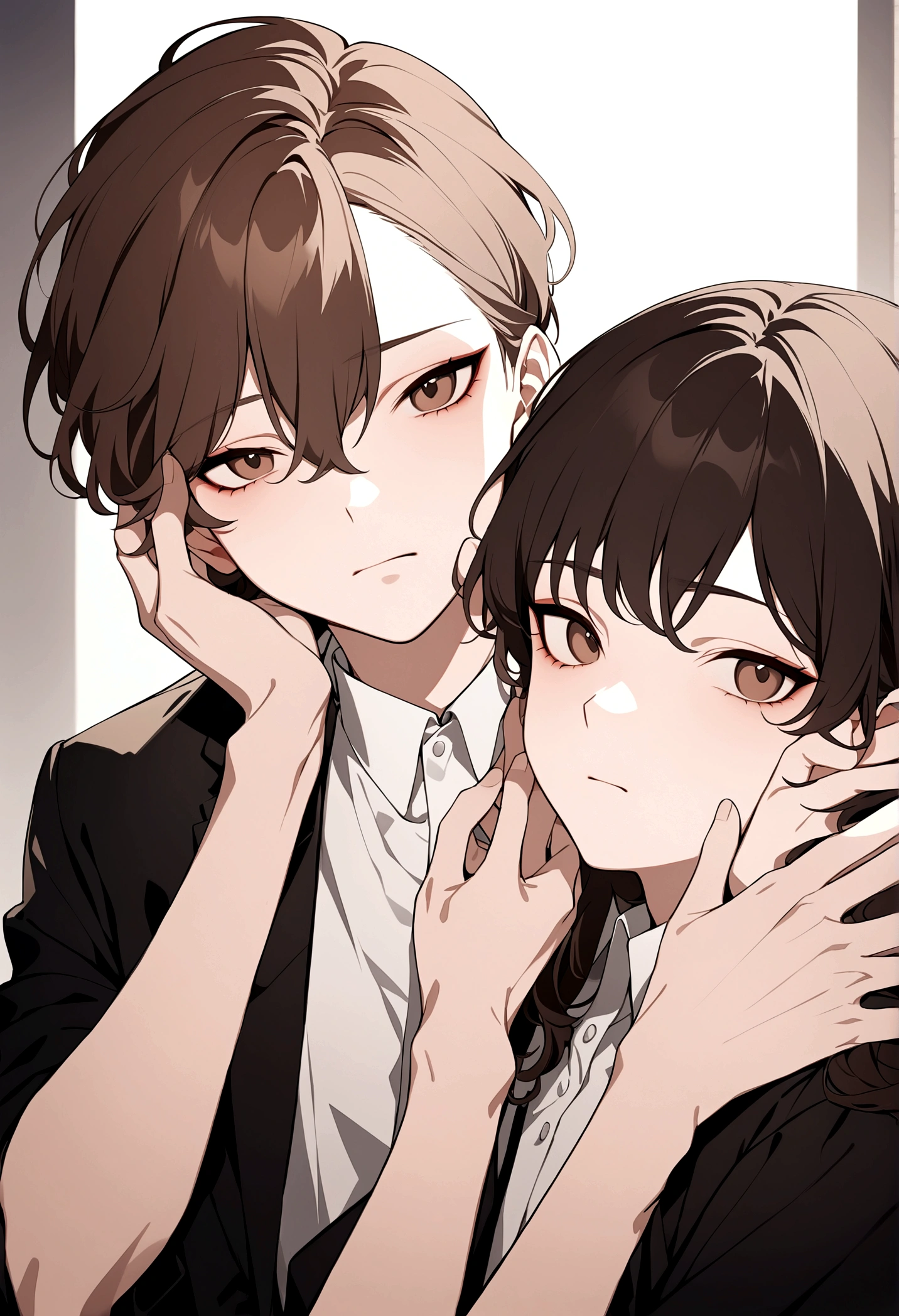 (Masterpiece, 32k, 8k, image focused on the character's face), young man, , tired expression on his face, dark brown hair, dark brown eyes, two hands of another character touch his face, character staring at the viewer