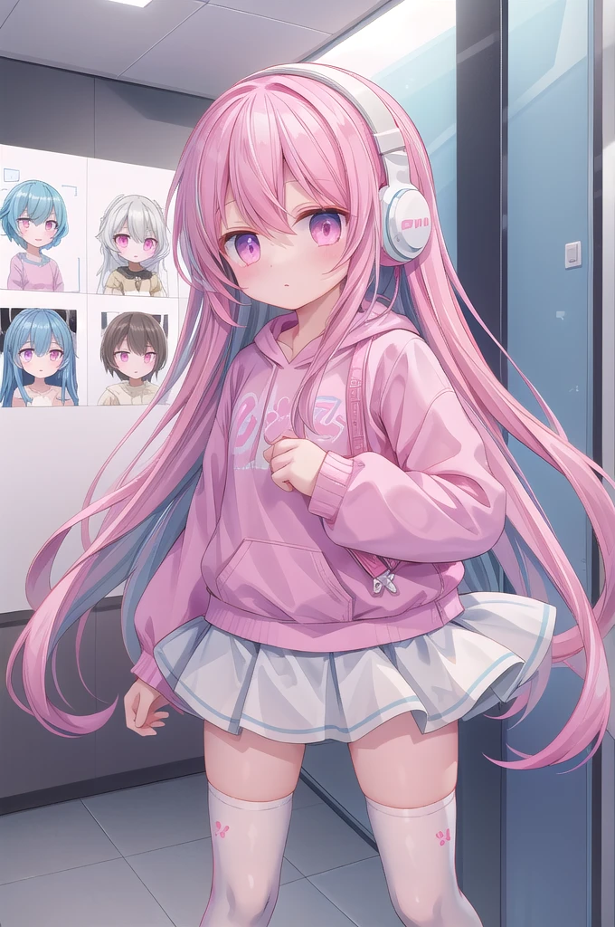 ，White knee socks，Light blue long hair，Pink and white sweatshirt，Pink Eyes，Blue headphones，The character stands，Character display pictures