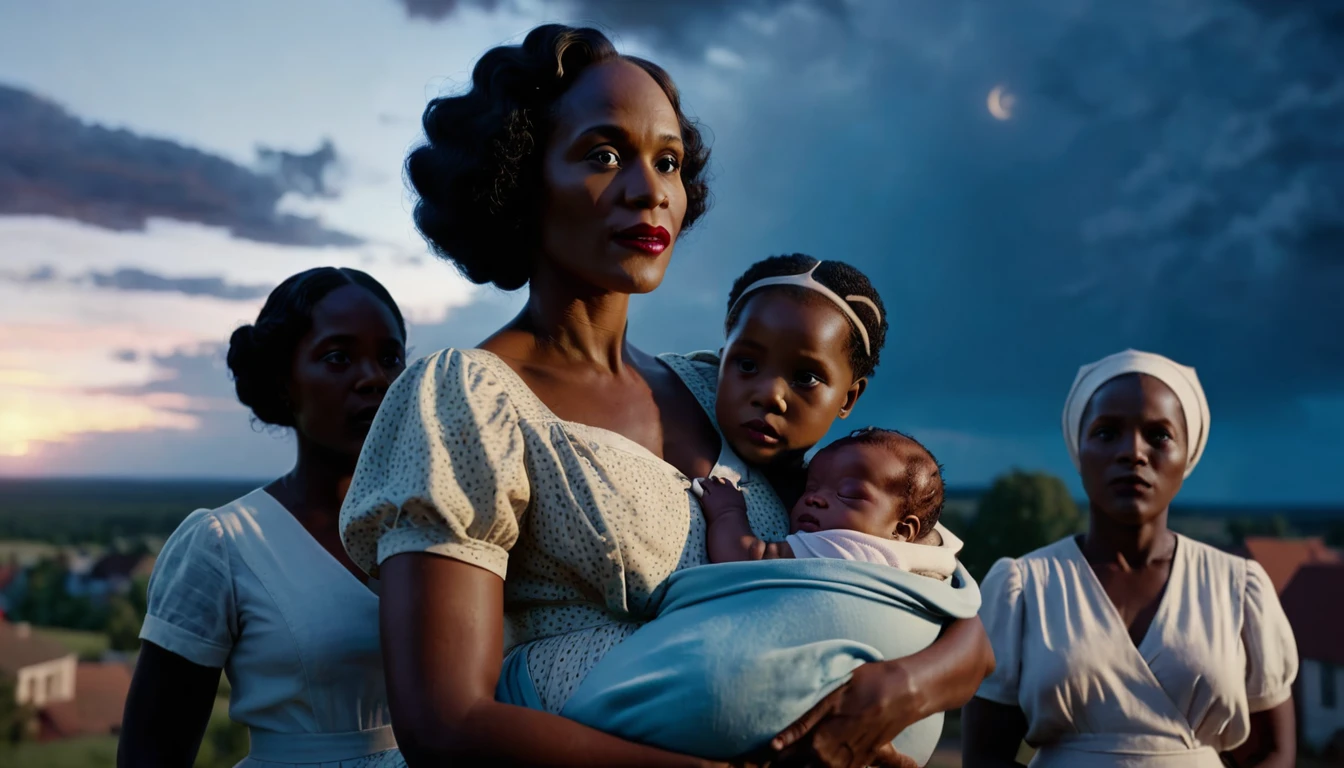 A vibrant town called Meridian in the 1930s with a black midwife holding a  boy, Jessie, under southern skies. Three black sisters and a black brother standing nearby, cinematic action, cinematic lighting, backlighting, masterpiece, anatomically correct, textured skin, super detail, 8k atmospheric perspective, depth of field,
