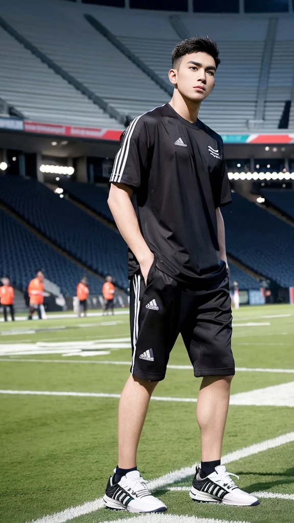 Handsome young man. Handsome young man, 20 years old.，Looking at the camera，Wearing a black Adidas t-shirt, standing on the football field.