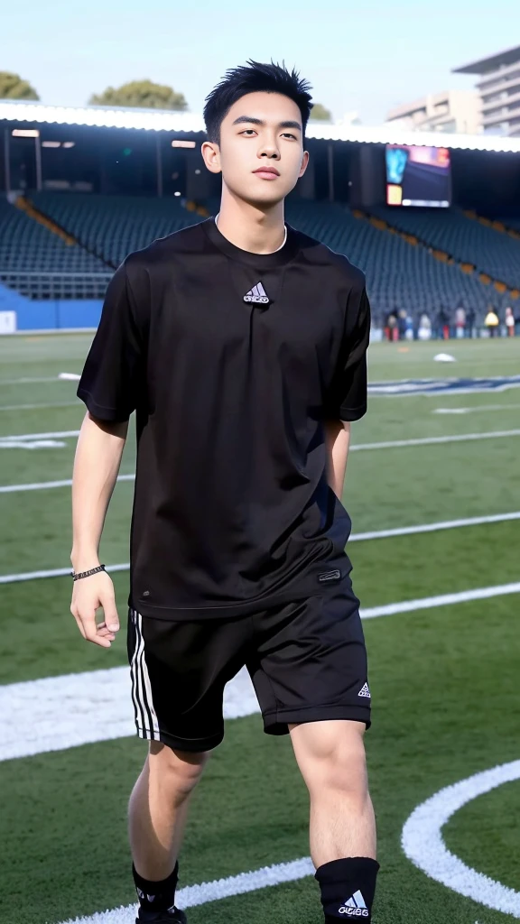 Handsome young man. Handsome young man, 20 years old.,Looking at the camera,Wearing a black Adidas t-shirt, standing on the football field.