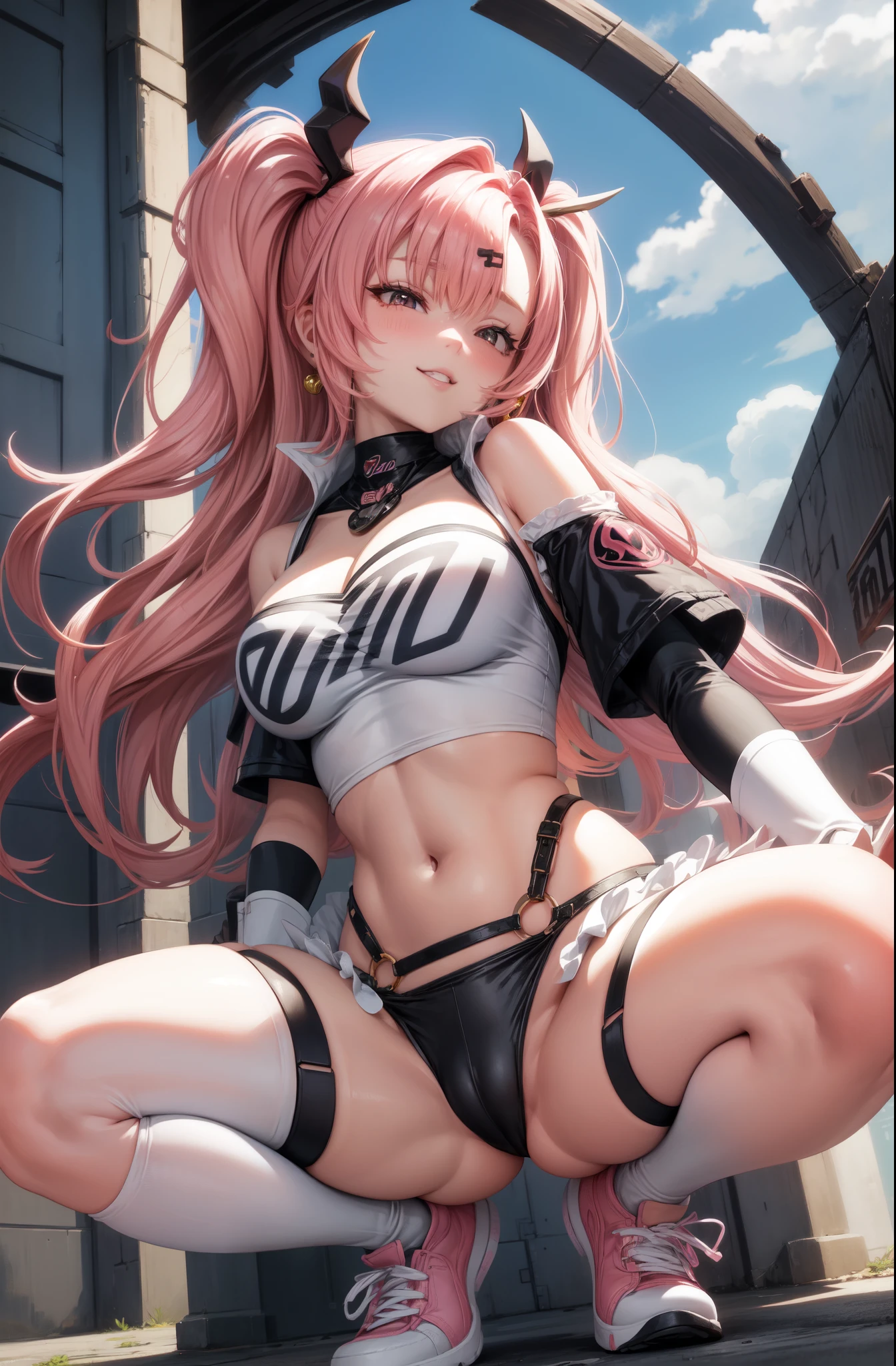 big lips, pink hair, pink eyes, japanese face, gyaru, huge breasts, wide hips, sexy, pink theme, kawaii, detailed, decora, bangs, grin, gyaru outfit, kawaii, pink and black outfit,, horns, cute succubus, small succubus wings, winking, eye wink, , twin tails, winky face, , nicole demara, cityscpe, city scape, city background, nicole zzz, zenless zone zero, crouching, sneakers, from below, perfect angle, HD quality, 8k, perfect quality