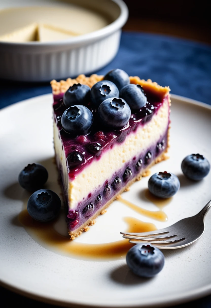 Documentary RAW Photography,a Blueberry Cheesecake, highlighting its exquisite, lacy texture and impeccable balance. The composition should evoke an irresistible urge to taste, with every detail crafted to inspire both amateur and seasoned cooks, (sharpness in detail:1.1), masterpiece, 35mm photograph, (iconic photograph:1.4), (visual storytelling:1.2), film grain, award winning photography,vibrant use of light and shadow, high quality textures of materials, volumetric textures  perfect composition, dynamic play of light, rich colors, epic shot, perfectly quality, natural textures,high detail, photoshadow, (natural colors, correct white balance, color correction, dehaze),(intricate detailed), 8k