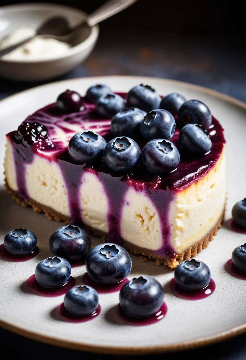 Documentary RAW Photography,a Blueberry Cheesecake, highlighting its exquisite, lacy texture and impeccable balance. The composition should evoke an irresistible urge to taste, with every detail crafted to inspire both amateur and seasoned cooks, (sharpness in detail:1.1), masterpiece, 35mm photograph, (iconic photograph:1.4), (visual storytelling:1.2), film grain, award winning photography,vibrant use of light and shadow, high quality textures of materials, volumetric textures perfect composition, dynamic play of light, rich colors, epic shot, perfectly quality, natural textures,high detail, photoshadow, (natural colors, correct white balance, color correction, dehaze),(intricate detailed), 8k