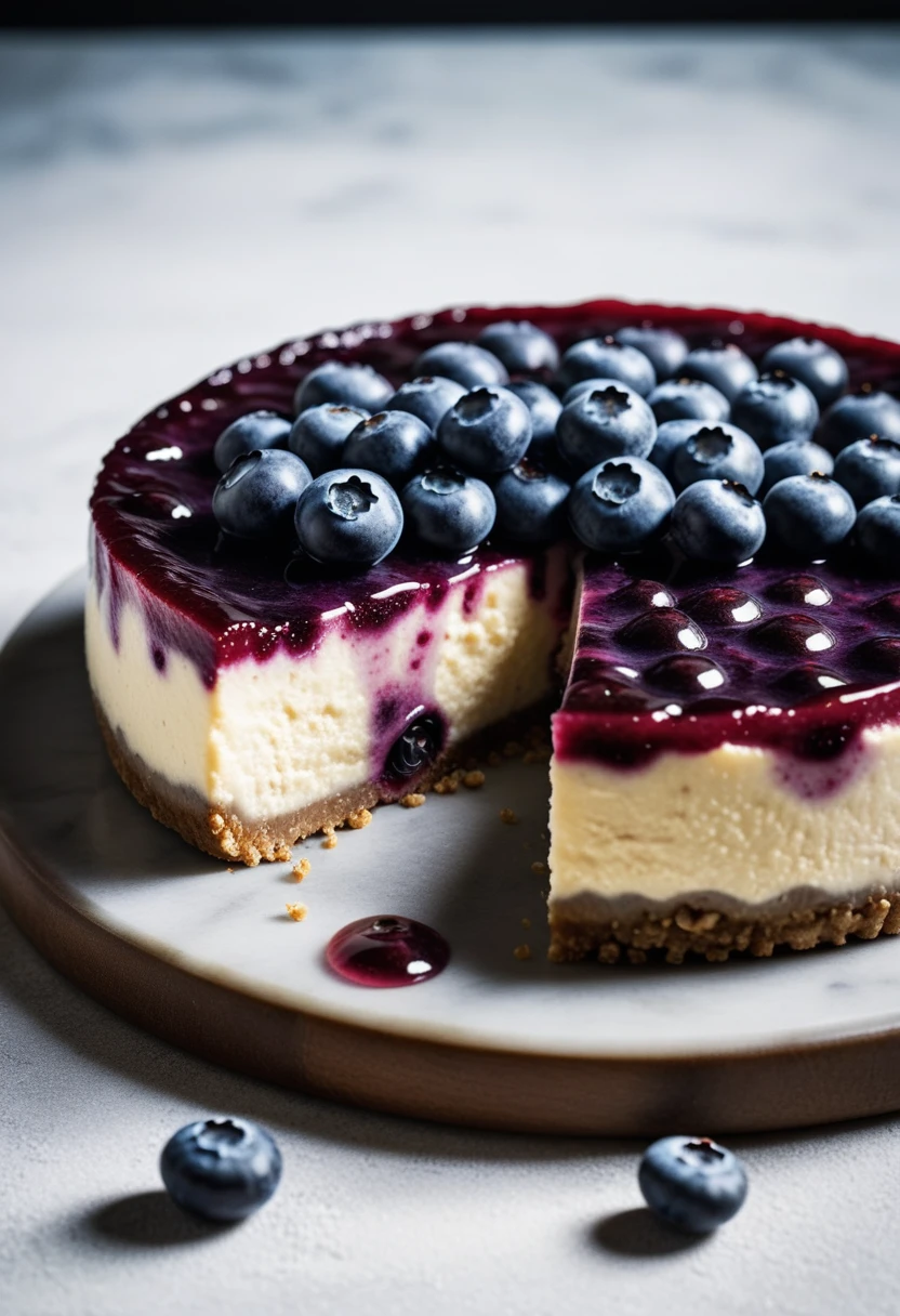 Documentary RAW Photography,a Blueberry Cheesecake, highlighting its exquisite, lacy texture and impeccable balance. The composition should evoke an irresistible urge to taste, with every detail crafted to inspire both amateur and seasoned cooks, (sharpness in detail:1.1), masterpiece, 35mm photograph, (iconic photograph:1.4), (visual storytelling:1.2), film grain, award winning photography,vibrant use of light and shadow, high quality textures of materials, volumetric textures perfect composition, dynamic play of light, rich colors, epic shot, perfectly quality, natural textures,high detail, photoshadow, (natural colors, correct white balance, color correction, dehaze),(intricate detailed), 8k