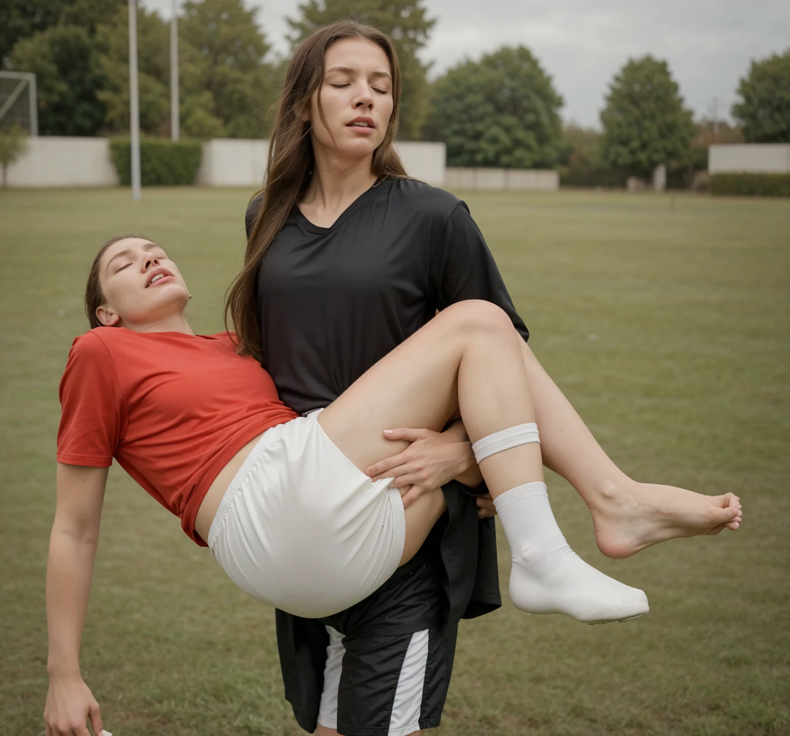 soccer action pose, affection pose, lecherous action pose, dramatic action pose, theatralic pose, there is an attractive woman that is carrying a skinny man, there is a beautiful woman in a shiny coat who is carrying a blond man in her arms, a longhaired beautiful woman in a high-shine black puffy coat, a longhaired woman in a shiny downcoat, a woman is carrying a shorthaired man who is wearing matte cotton shorts and a matte cotton t-shirt, a weak man in matte cotton sports shorts is consciousless and needs to be carried, a shorthaired man with closed eyes is carried in the arms of a longhaired woman, a woman looks very scared and terrified, a consciousless man with closed eyes is suffering very much and has a very painful face, photo, photo shoot, photographed , accident, help, aid, first aid, pity, a bad bruise on a man's ankle