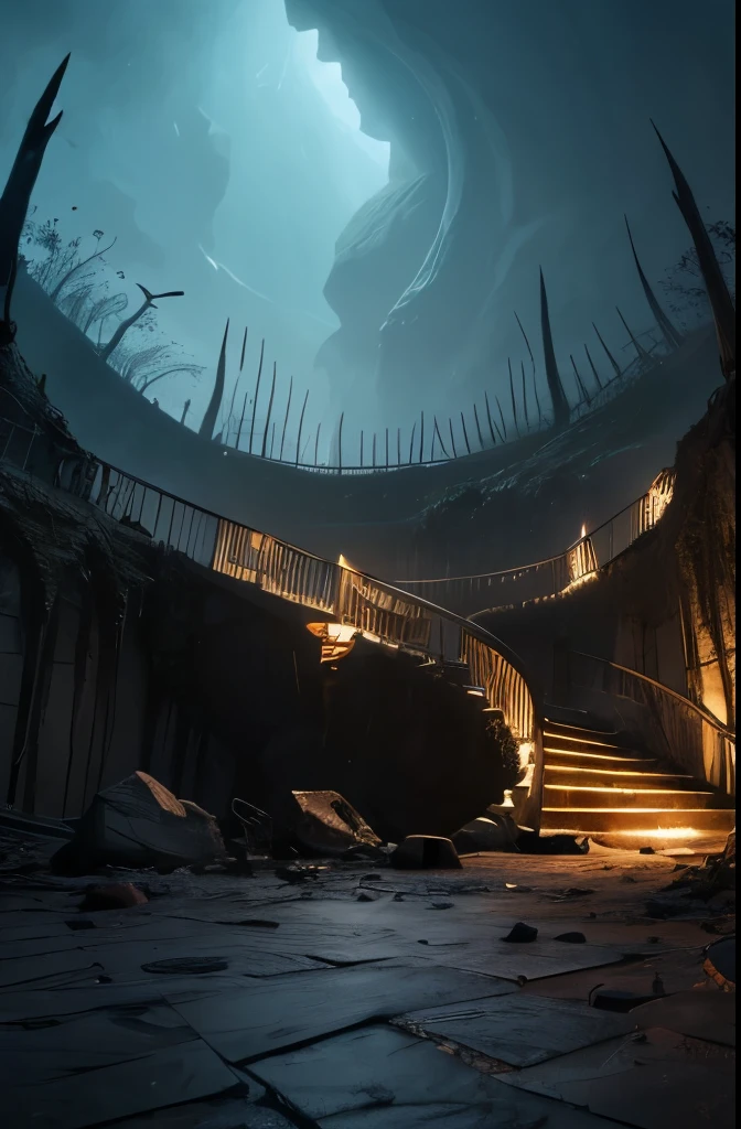 Vast angles, View from the summit, Inside Guldur Valley, Dark floor, First floor with balcony and a view of the abyss, And the floor below the madness staircase, Thorn, Spike Wall. Spooky illustrations, Overly detailed, 8K resolution. Horror Art.