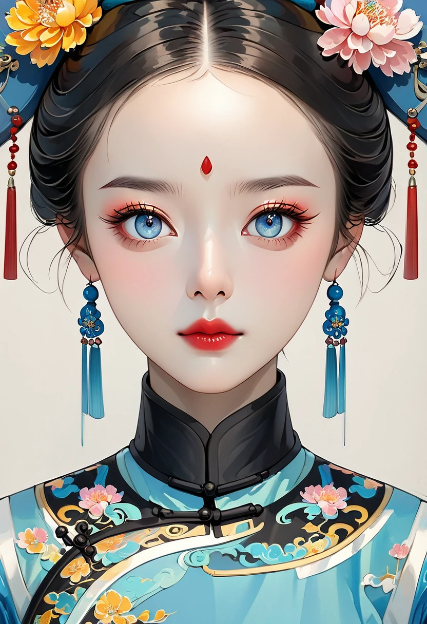 Fine brushwork，2d，Colored pencils，fine digital art，Clean lines，Beautiful Chinese Qing Dynasty Princess，Bright Eyes，Exquisite facial features，symmetry，Shoulder，Qing Dynasty Clothing，Clean background，Bright colors，Canvas Blank