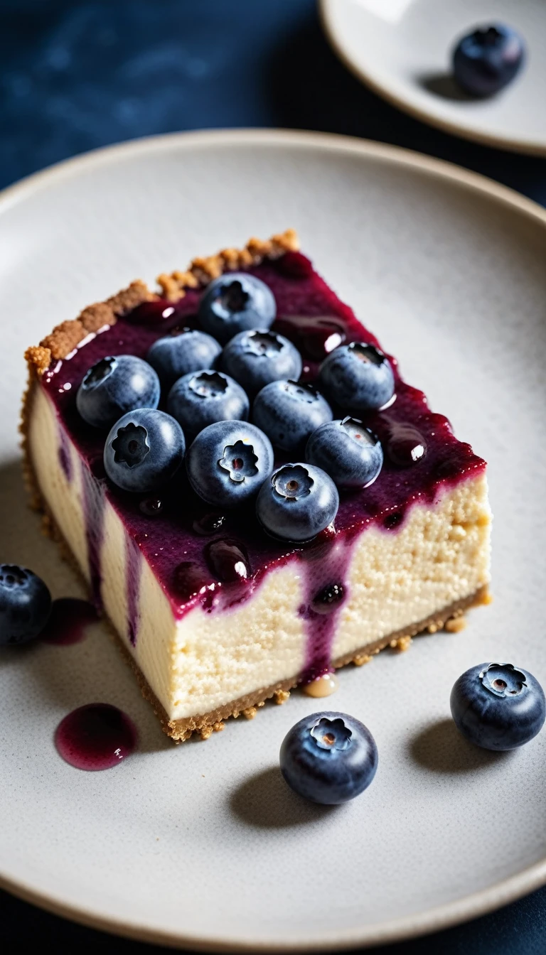 Documentary RAW Photography,a Blueberry Cheesecake, highlighting its exquisite, lacy texture and impeccable balance. The composition should evoke an irresistible urge to taste, with every detail crafted to inspire both amateur and seasoned cooks, (sharpness in detail:1.1), masterpiece, 35mm photograph, (iconic photograph:1.4), (visual storytelling:1.2), film grain, award winning photography,vibrant use of light and shadow, high quality textures of materials, volumetric textures perfect composition, dynamic play of light, rich colors, epic shot, perfectly quality, natural textures,high detail, photoshadow, (natural colors, correct white balance, color correction, dehaze),(intricate detailed), 8k