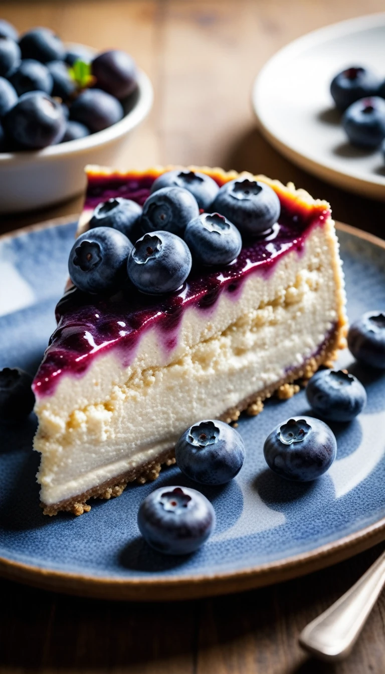 Documentary RAW Photography,a Blueberry Cheesecake, highlighting its exquisite, lacy texture and impeccable balance. The composition should evoke an irresistible urge to taste, with every detail crafted to inspire both amateur and seasoned cooks, (sharpness in detail:1.1), masterpiece, 35mm photograph, (iconic photograph:1.4), (visual storytelling:1.2), film grain, award winning photography,vibrant use of light and shadow, high quality textures of materials, volumetric textures  perfect composition, dynamic play of light, rich colors, epic shot, perfectly quality, natural textures,high detail, photoshadow, (natural colors, correct white balance, color correction, dehaze),(intricate detailed), 8k