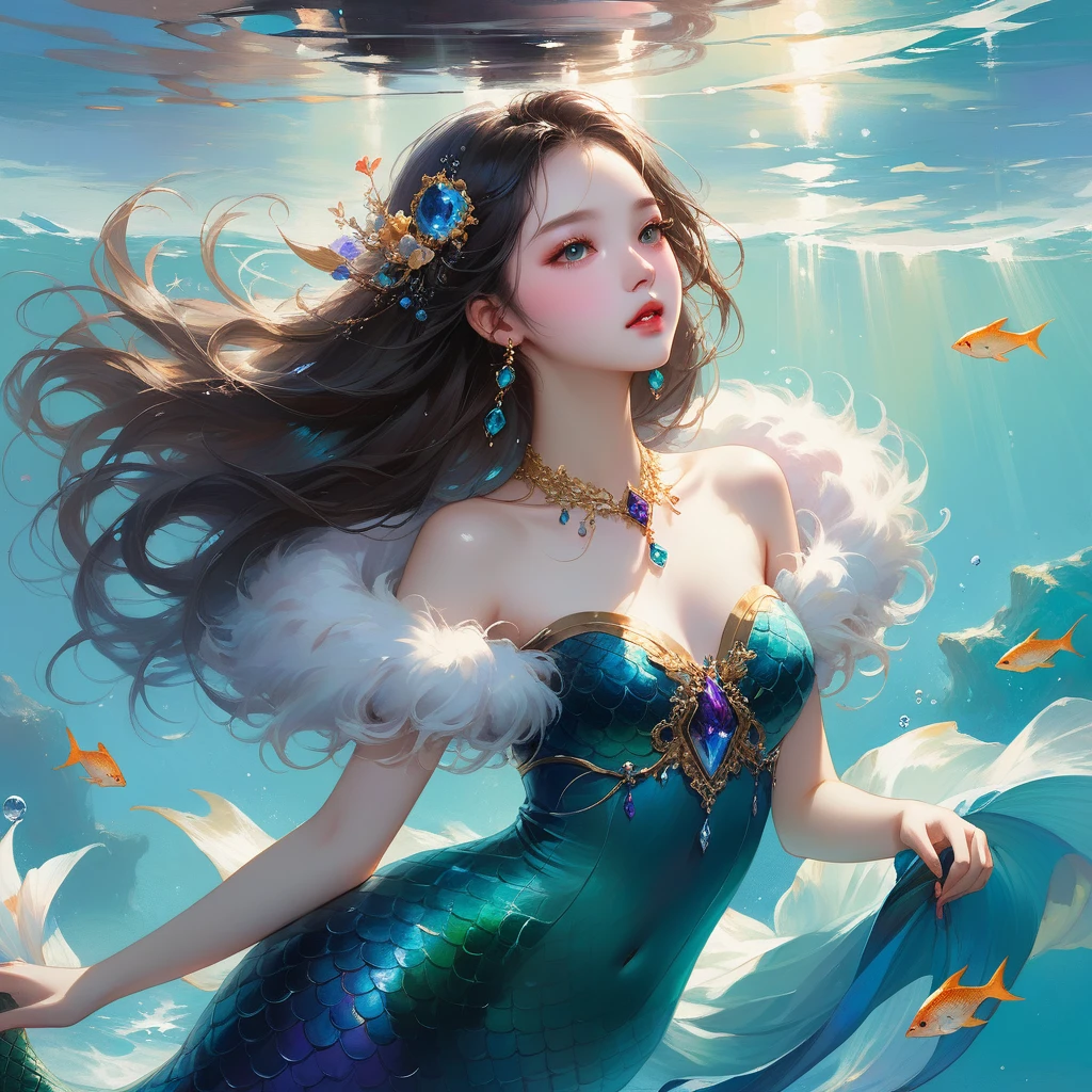 Luan Jia,Pino Daeni,Dark Gem, (Detailed face), (Fluffy fur with attention to detail)mermaid、Swimming in the ocean