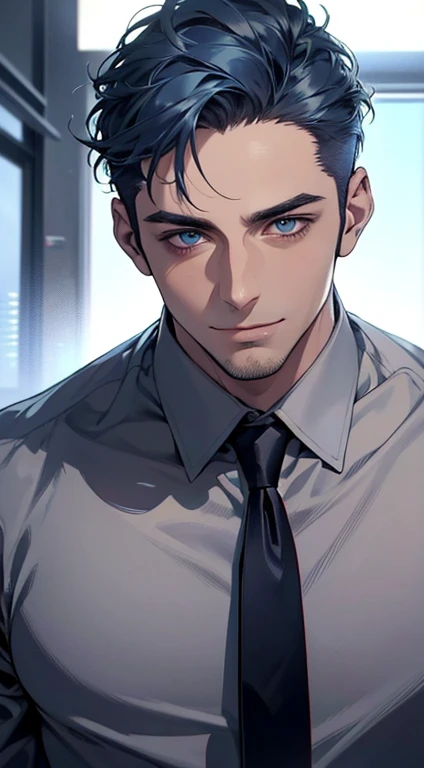 (best quality,4k,8k,highres,masterpiece:1.2),ultra-detailed,(realistic,photorealistic,photo-realistic:1.37),1 man,31 years old,mature man,very handsome,without expression,smile,short blue hair,blue eyes,penetrating gaze,perfect face without errors,imposing posture,businessman,office background,cinematic lighting,hdr image