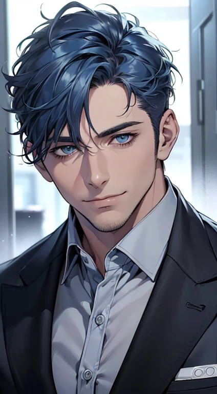 (best quality,4k,8k,highres,masterpiece:1.2),ultra-detailed,(realistic,photorealistic,photo-realistic:1.37),1 man,31 years old,mature man,very handsome,without expression,smile,short blue hair,blue eyes,penetrating gaze,perfect face without errors,imposing posture,businessman,office background,cinematic lighting,hdr image