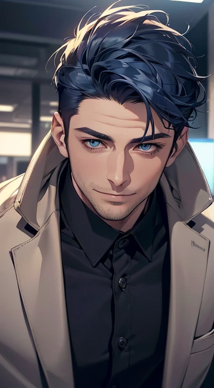 (best quality,4k,8k,highres,masterpiece:1.2),ultra-detailed,(realistic,photorealistic,photo-realistic:1.37),1 man,31 years old,mature man,very handsome,without expression,smile,short blue hair,blue eyes,penetrating gaze,perfect face without errors,imposing posture,businessman,office background,cinematic lighting,hdr image