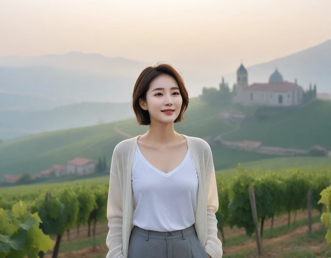 k Best picture quality, Beautiful 36-year-old Korean woman, short and good weather. Chest size 34 inches, dense fog at dawn in the italian countryside, Past the vineyards, a cathedral can be seen through the fog on a hill in the distance., Back background realistic and vivid image quality, Short and medium hair blowing in the wind, Wear comfortable travel clothes and casual pants, smile slightly. The background is clear, Short and slim Korean woman, Standing in the distance, photographed with a wide-angle lens