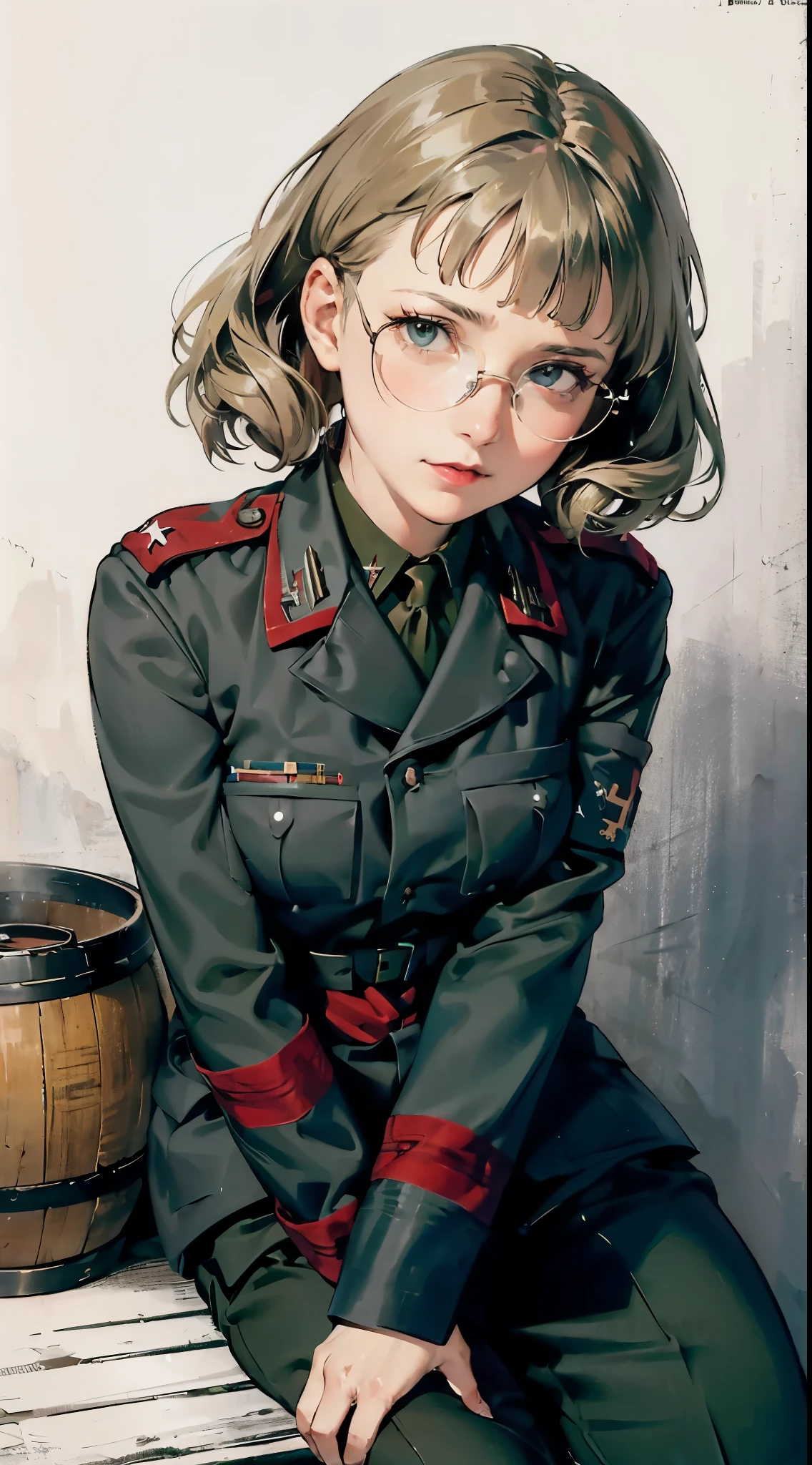 (masterpiece, top quality, best quality, official art, beautiful and aesthetic:1.2), (1girl:1.3), (gray hair victory curls), vintage 1940's American hairstyle, extremely detailed, portrait, looking at viewer, solo, (full body:0.6), detailed background, close up, vintage makeup, retro style, (warm summer military base theme:1.1), pinup girl, elegant face, long face, charlatan, smirk, mysterious, posing on top of a tank, ((riding the gun, barrel of the tank between her legs)), (((sitting on top of the gun barrel))), (((straddling the barrel of the tank))), patriotic costume, high heels, legs, M4 Sherman tank, WWII tank, armored version vehicle,, (((( medium, breast )))), toned, slim waist, slim hips, long legs, muscular legs, historical (WW2 army base exterior:1.1) background, dark mysterious lighting, shadows, magical atmosphere, dutch angle Modest outfit, remote shot, detailed beautiful delicate face, detailed beautiful delicate eyes, perfect facial proportions, high-definition skin, fine skin, four-inch best ratio. With one thumb, a masterpiece, highly detailed, realistic, (World War II German general uniform reference : 1.8), the highest face resolution, adult, modestly dressed woman, dressed entirely, ( small, black hair, black straight bangs, super fine braids, straight bangs, red glasses, dark green eyes), future, science fiction, fighter plane, standing On the landing of a fighter plane, the government agency, a deep intelligent personality, a calm expression, a respectful face, a war, a fighter plane (La mejor calidad:1.1), (Obra maestra:1.4), (absurdos:1.0), retrato, primer plano,1girl, Marinero Urano, KizukiAi, Mujer madura, small breasts, aqua eyes, cabello rubio, Uniforme Sailor Senshi, Collar de marinero, arco de pecho, Arco trasero, Falda suplicante, Guantes blancos de codo, Acostado boca abajo, en el suelo, con el trasero en alto, mostrando el culo de espaldas, without looking back