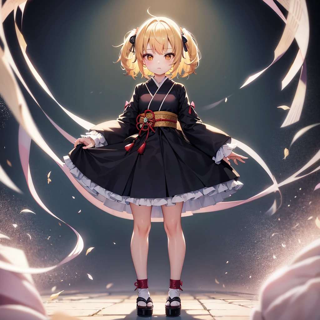 ((Japanese style)),(( Fashion)),Cute little ,Tiny ,Small girl,,Childice, Very fine clean face,Top quality,Straight Hair,Yellow hair,(Dark Room), Subtle light, Natural light,Soft lighting,Light from directly behind,(Open your hands), (Are standing),Front view,Black background