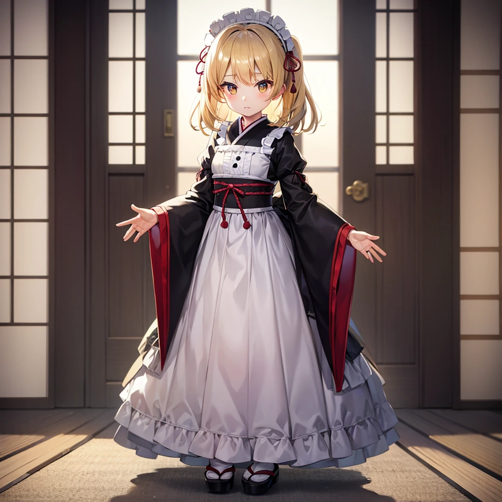 ((Japanese style)),((ta Fashion)),Cute little ,Tiny ,Small girl,,Childish face, Very fine clean face,Top quality,Straight Hair,Yellow hair,(Dark Room), Subtle light, Natural light,Soft lighting,Light from directly behind,(Open your hands), (Are standing),Front view,Black background