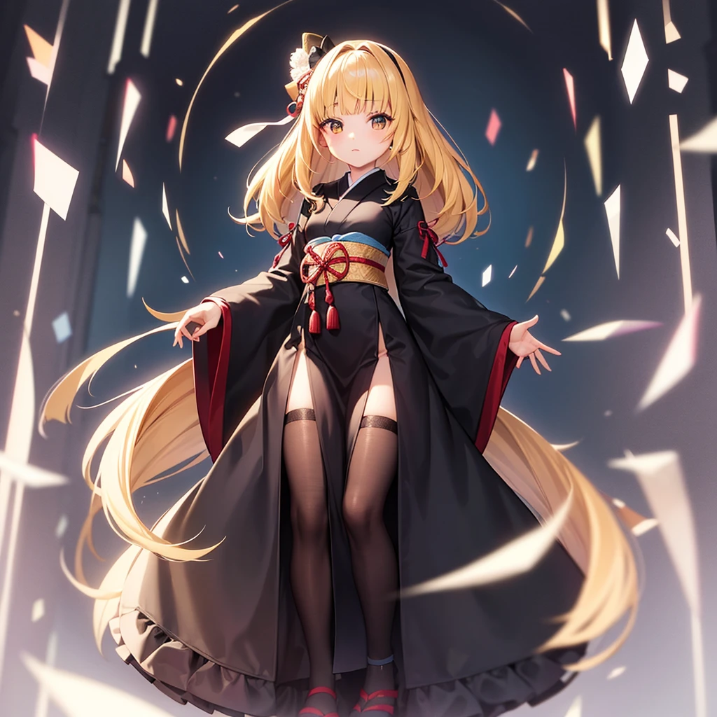 ((Japanese style)),((Lolita Fashion)),Cute little ,Tiny ,Small girl,,Childish face, Very fine clean face,Top quality,Straight Hair,Yellow hair,(Dark Room), Subtle light, Natural light,Soft lighting,Light from directly behind,(Open your hands), (Are standing),Front view,Black background