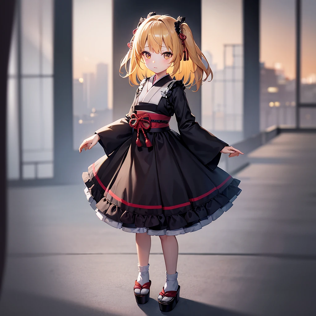 ((Japanese style)),((Lolita Fashion)),Cute little ,Tiny ,Small girl,,Childish face, Very fine clean face,Top quality,Straight Hair,Yellow hair,(Dark Room), Subtle light, Natural light,Soft lighting,Light from directly behind,(Open your hands), (Are standing),Front view,Black background
