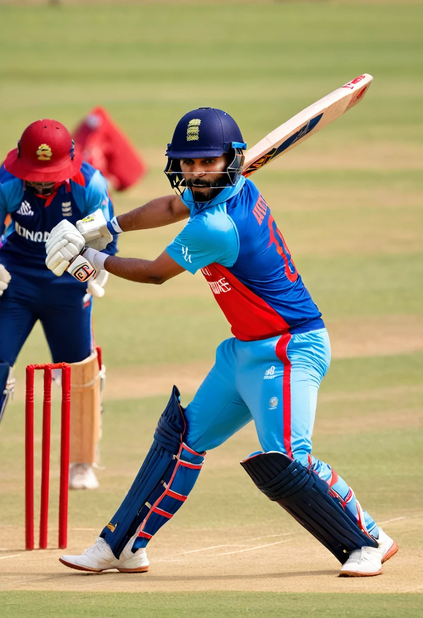 Crate a 2d picture of cricket player hitting a cricket bat in red and blue dress