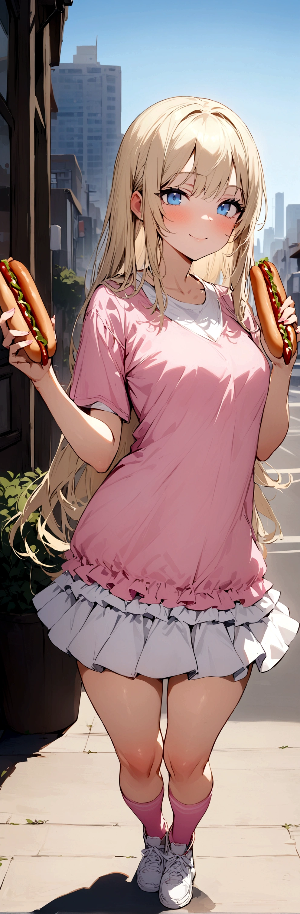 beautiful, (masterpiece:1.2), (best quality:1.2), Beautiful 20-year-old white girl with blue eyes, long swept-back straight blond hair, Happy and posing with hotdogs , Pink and white frilly miniskirt, pink shirt, pink socks, white sneakers, California City background, daylight,