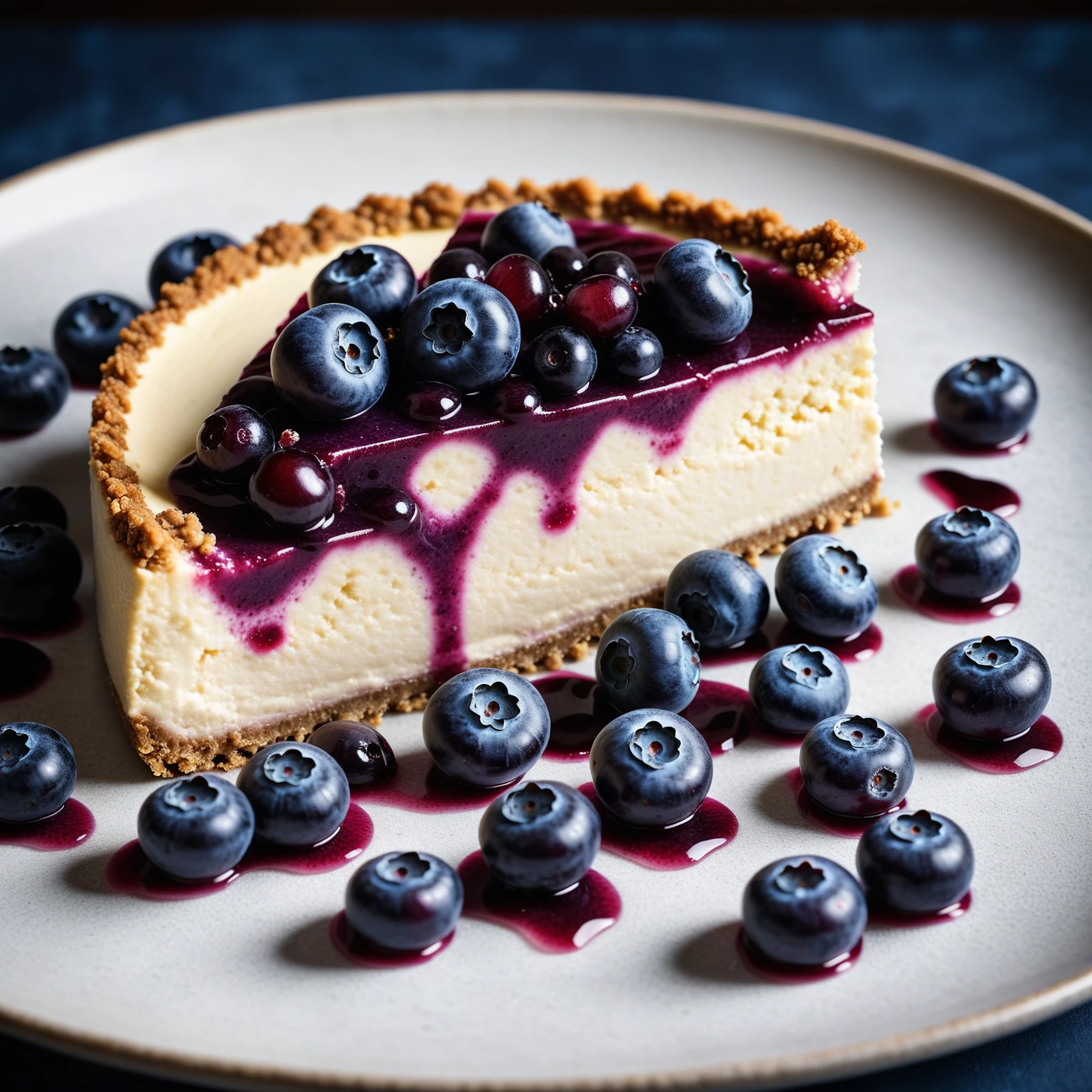 Documentary RAW Photography,a Blueberry Cheesecake, highlighting its exquisite, lacy texture and impeccable balance. The composition should evoke an irresistible urge to taste, with every detail crafted to inspire both amateur and seasoned cooks, (sharpness in detail:1.1), masterpiece, 35mm photograph, (iconic photograph:1.4), (visual storytelling:1.2), film grain, award winning photography,vibrant use of light and shadow, high quality textures of materials, volumetric textures  perfect composition, dynamic play of light, rich colors, epic shot, perfectly quality, natural textures,high detail, photoshadow, (natural colors, correct white balance, color correction, dehaze),(intricate detailed), 8k