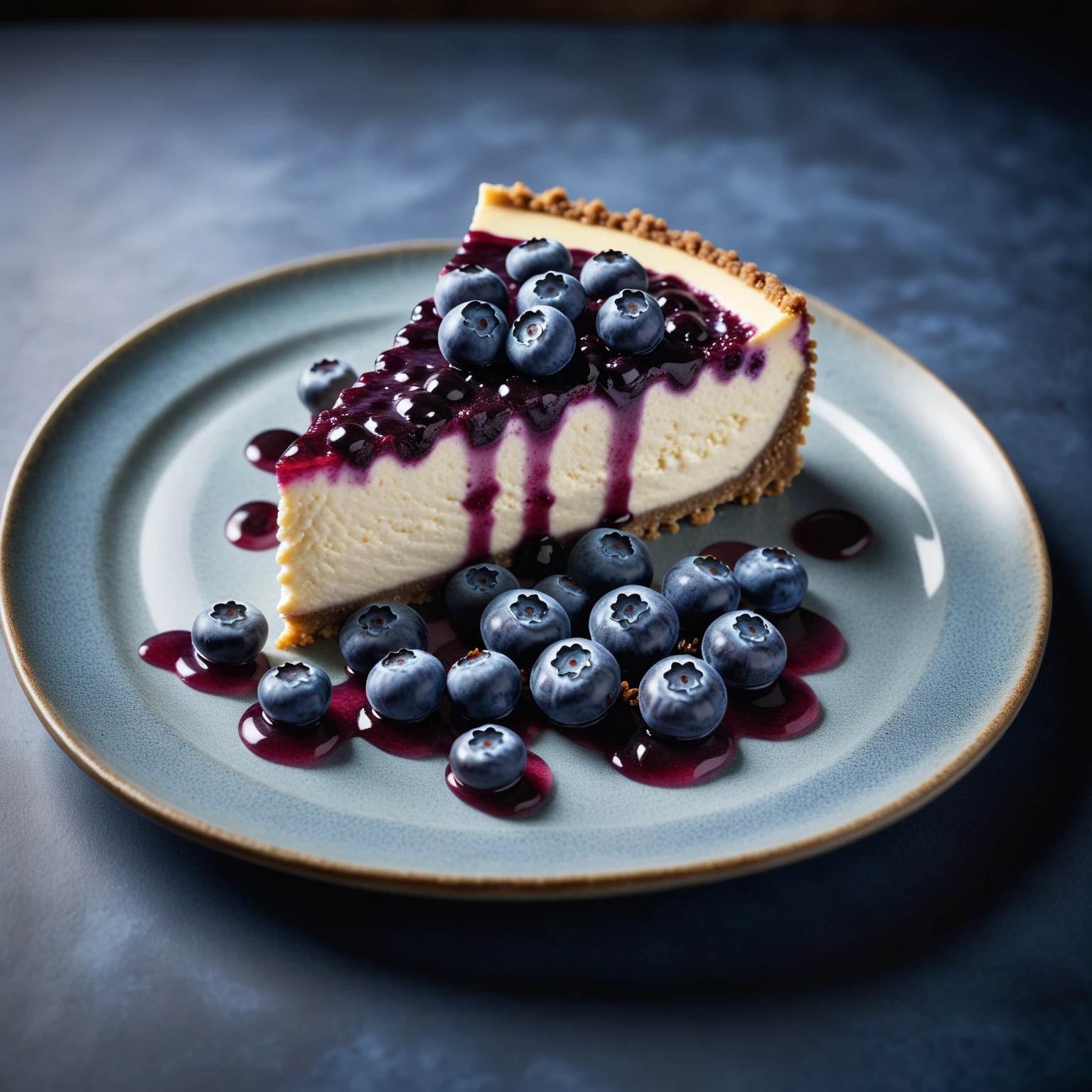 Documentary RAW Photography,a Blueberry Cheesecake, highlighting its exquisite, lacy texture and impeccable balance. The composition should evoke an irresistible urge to taste, with every detail crafted to inspire both amateur and seasoned cooks, (sharpness in detail:1.1), masterpiece, 35mm photograph, (iconic photograph:1.4), (visual storytelling:1.2), film grain, award winning photography,vibrant use of light and shadow, high quality textures of materials, volumetric textures perfect composition, dynamic play of light, rich colors, epic shot, perfectly quality, natural textures,high detail, photoshadow, (natural colors, correct white balance, color correction, dehaze),(intricate detailed), 8k