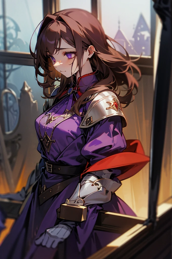 A vampire, brown hair, purple clothes, near the window, night
