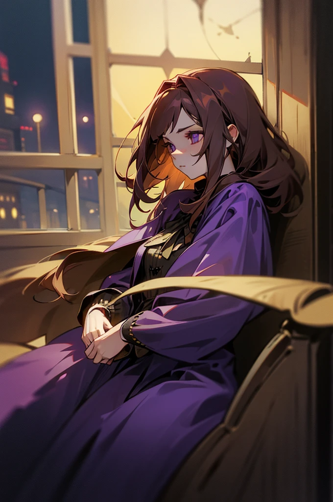 A vampire, brown hair, purple clothes, near the window, night