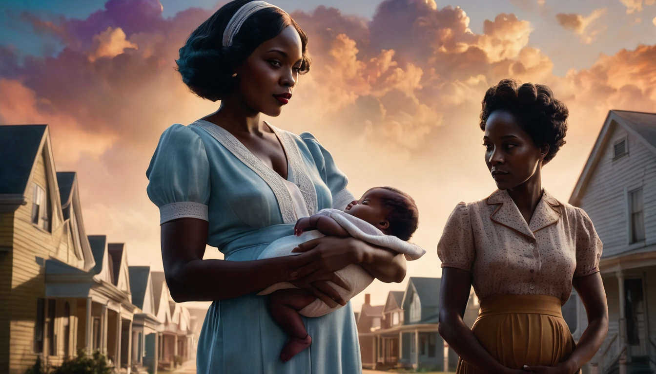A vibrant town called Meridian in the 1930s with a black midwife holding a newborn baby boy, Jessie, under southern skies. Three black sisters and a black brother standing nearby, cinematic action, cinematic lighting, backlighting, masterpiece, anatomically correct, textured skin, super detail, 8k atmospheric perspective, depth of field,