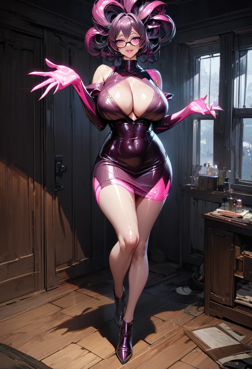 woman,(Highest quality,Extremely detailed depiction,Incredibly absurd high resolution,Anatomically accurate depiction,Two lovely hands, Five perfect fingers,Curvy Legs),(Glowing Skin,Shiny skin,Oilskin),(((A female monster transformed into a tutor))),(Lightweight off-the-shoulder sweater,black tights),eyelash,(Glowing pink eyes,Sidelong glance,There is cleavage in the chest,A seductive smile,Large Breasts,Glossy Lips,Inviting gesture),Sweat,whole body,Glasses,Barely,background:Inside the room