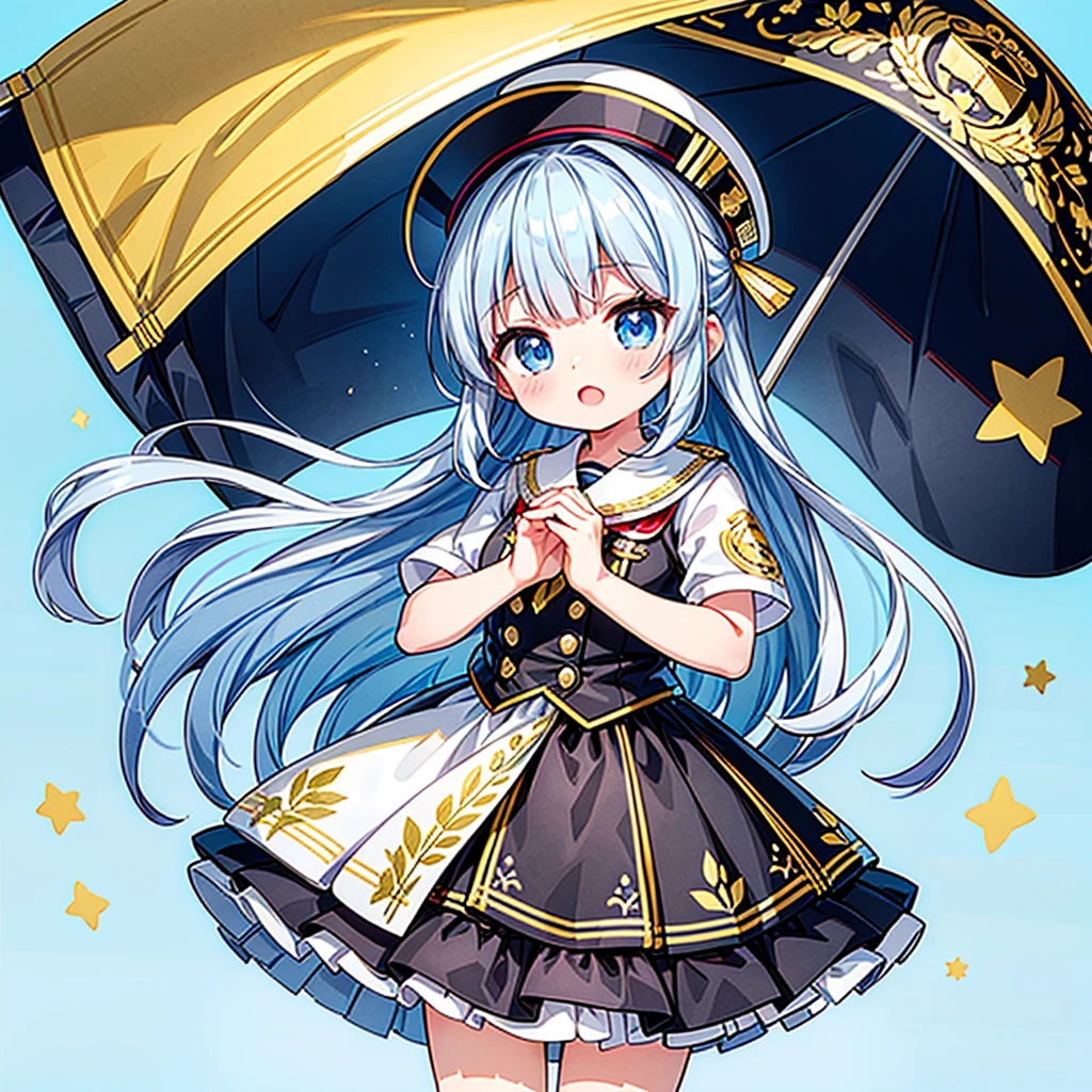 1girl、Dynamic composition、marching band、(((Masterpiece、Highest quality、Official Art、Super detailed、Handsome face、Dynamic composition)))、Anime Style、(Milky white and blue hair:1.3),(blue eyes:1.4),(Bright colors:1.4),((Asanoha background:1.3)),, marching bandのユニフォームを着たクールな女の子, marching band hat、mini skirt, Frills, Black and white with gold embroidered flag held in both hands,（background:Large red flag on the back with gold floral embroidery, Note, )、euphonium、Huge Flag、X composition