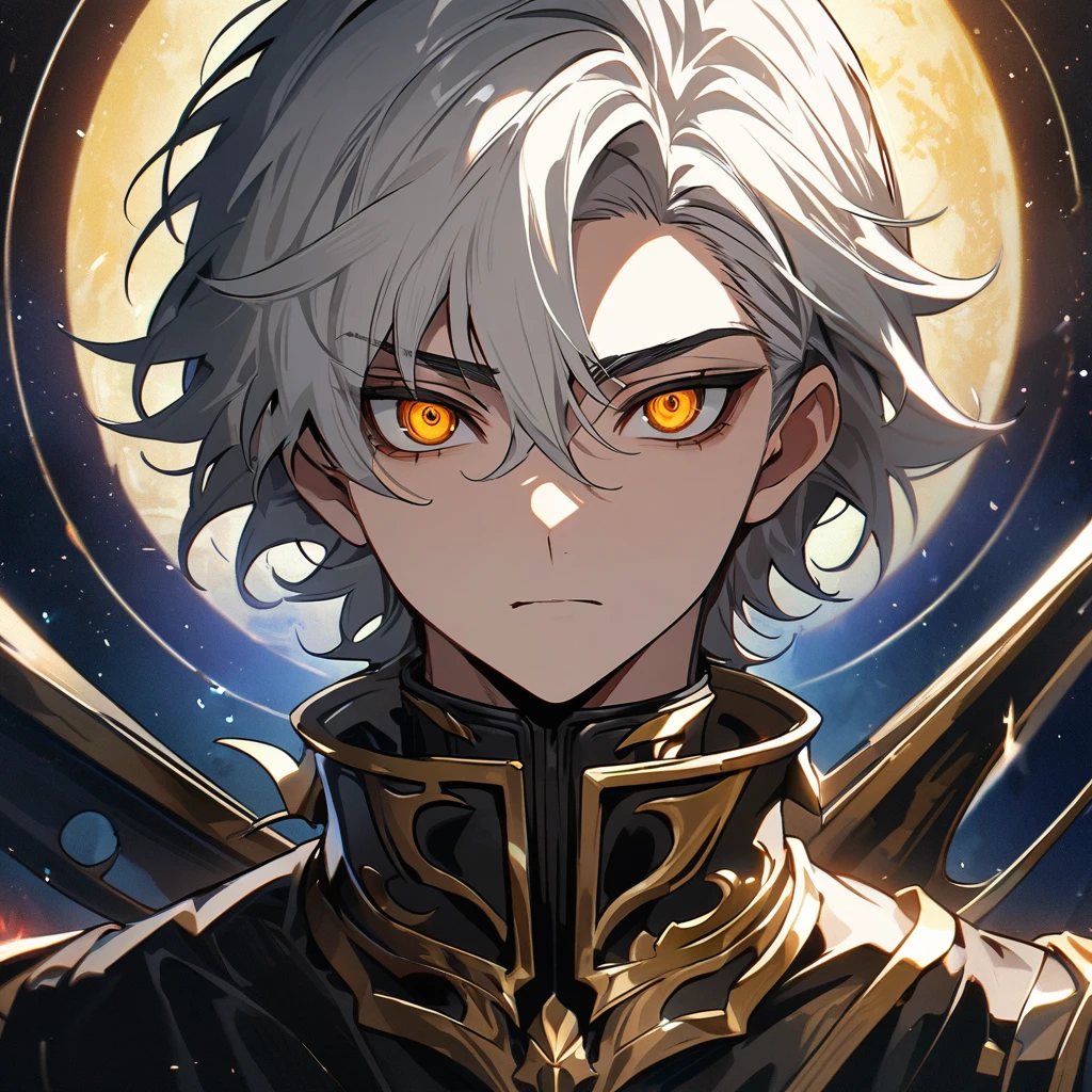 High quality, HD, 4k, no shadows, handsome male, 1male, 17 years old, teenager, golden lining, short white hair, sharp eyes, dark golden eyes, deep golden eyes, devil may cry, close up, calm expression, stoic expression, black leather clothes, white leather clothing, lean body, well trained body, upper body, looking at viewer, cowboy shot, white solar, space background