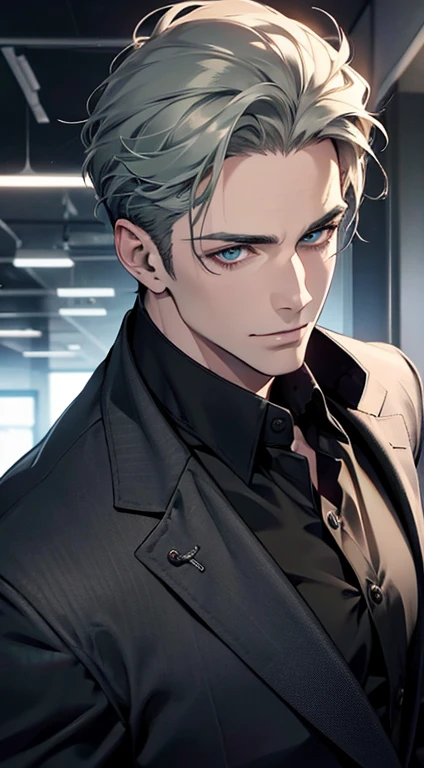 (best quality,4k,8k,highres,masterpiece:1.2),ultra-detailed,(realistic,photorealistic,photo-realistic:1.37),1 man,31 years old,mature man,very handsome,without expression,smile,short grey green hair,blue eyes,penetrating gaze,perfect face without errors,imposing posture,businessman,office background,cinematic lighting,hdr image