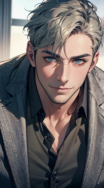 (best quality,4k,8k,highres,masterpiece:1.2),ultra-detailed,(realistic,photorealistic,photo-realistic:1.37),1 man,31 years old,mature man,very handsome,without expression,smile,short grey green hair,blue eyes,penetrating gaze,perfect face without errors,imposing posture,businessman,office background,cinematic lighting,hdr image