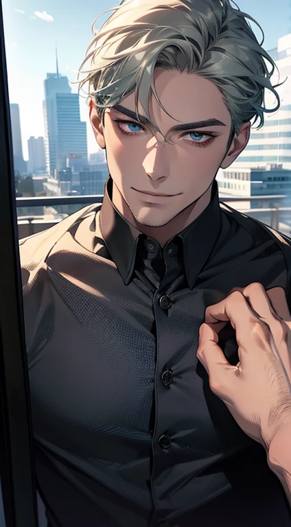 (best quality,4k,8k,highres,masterpiece:1.2),ultra-detailed,(realistic,photorealistic,photo-realistic:1.37),1 man,31 years old,mature man,very handsome,without expression,smile,short grey green hair,blue eyes,penetrating gaze,perfect face without errors,imposing posture,businessman,office background,cinematic lighting,hdr image