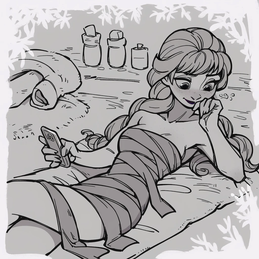 score_9_presence, score_8_up, anna, frozen, wrapped in towel, medium breasts, holding phone
