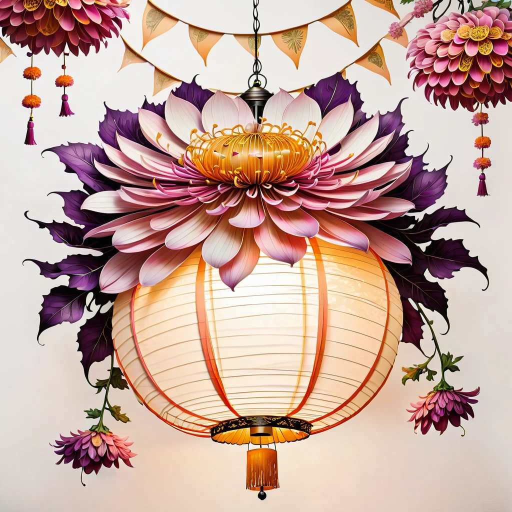 a massive semi-realistic chrysantheme with peach-violet and magenta petals and high quality comic book linework on plain white background with a traditional paper lantern 