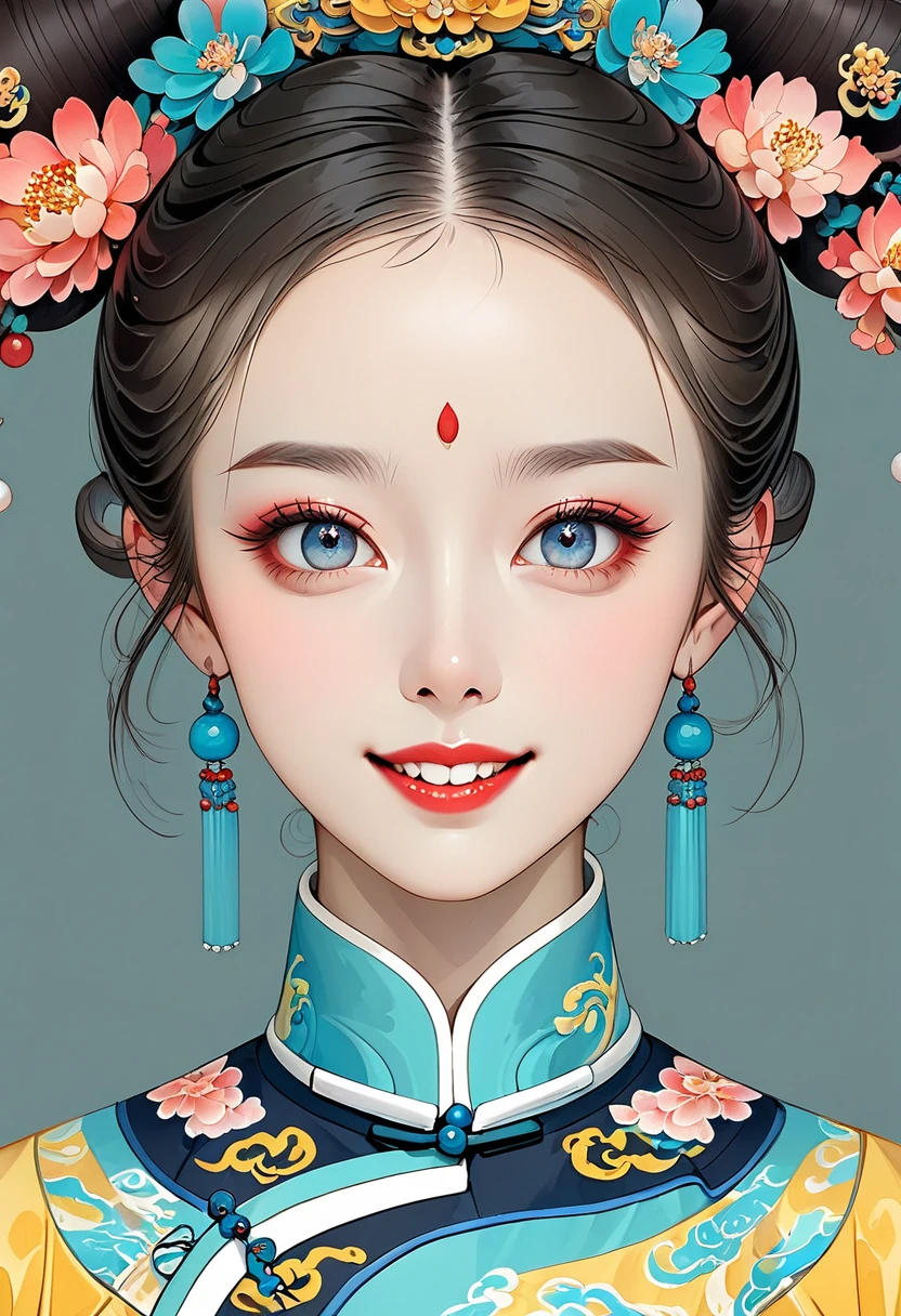 Fine brushwork,2d,Colored pencils,fine digital art,Clean lines,Beautiful Chinese Qing Dynasty Princess,Bright Eyes,Exquisite facial features,Smile showing teeth,symmetry,Delicate hair,Qing Dynasty Clothing,Clean background,Bright colors