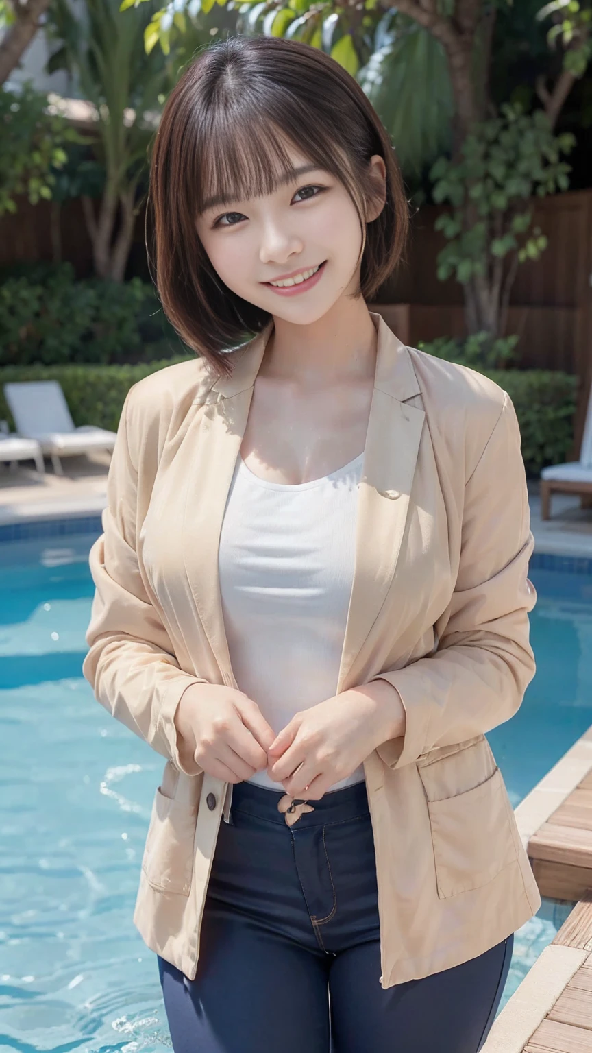 Highest quality, masterpiece, Ultra-high resolution, (Realistic:1.4), Voluptuous,Beautiful woman,(Shortcuts) (Outdoor pool area)Beautiful Skin, Fine skin, 魅惑的なsmile, Bokeh, smile, Shortcutsヘア, Jacket and pants
