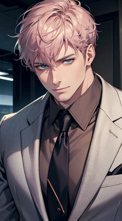 (best quality,4k,8k,highres,masterpiece:1.2),ultra-detailed,(realistic,photorealistic,photo-realistic:1.37),1 man,31 years old,mature man,very handsome,without expression,smile,short grey pink hair,blue eyes,penetrating gaze,perfect face without errors,imposing posture,businessman,office background,cinematic lighting,hdr image