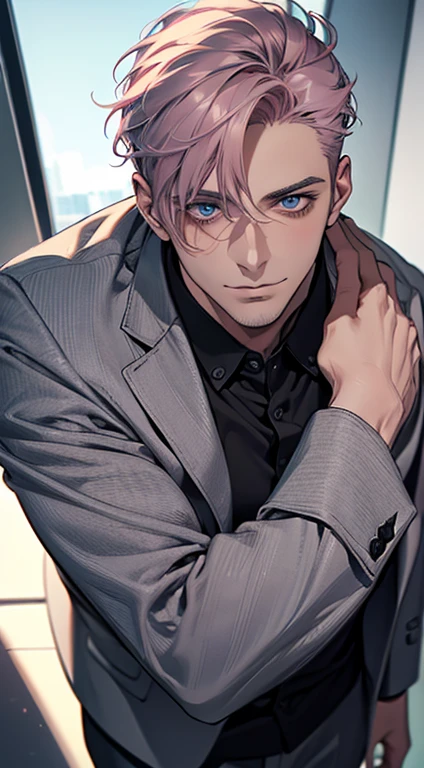 (best quality,4k,8k,highres,masterpiece:1.2),ultra-detailed,(realistic,photorealistic,photo-realistic:1.37),1 man,31 years old,mature man,very handsome,without expression,smile,short grey pink hair,blue eyes,penetrating gaze,perfect face without errors,imposing posture,businessman,office background,cinematic lighting,hdr image