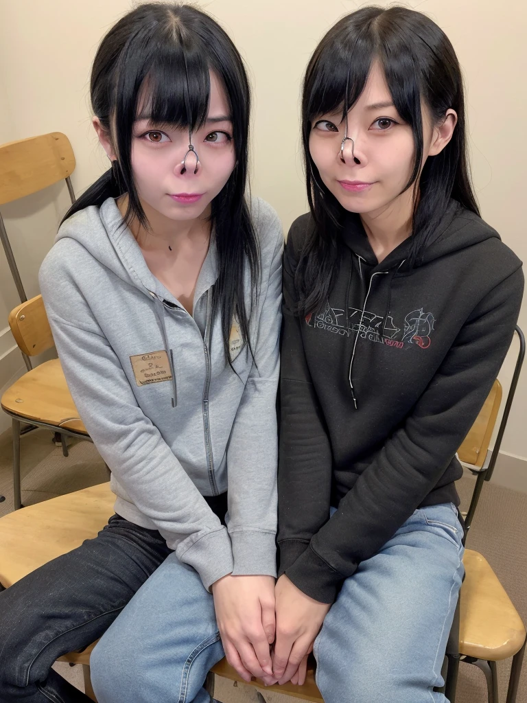 nsfw,(Highest quality:1.2),32k HDR,High resolution,(18-year-old female),((Glaring at the camera)),(Japanese women),(Tabletop:1.2, Highest quality:1.2),Japanese women,Flat bangs,Medium chest, Crouching posture,Squat with your feet apart,Show off your crotch,Beautiful Eyes,Detailed face,High quality eyes,Keep your eyes clearly focused,Nose and mouth,Face Focus,Super Face close-up gentle and charming Chinese beautiful woman, Delicate and sexy collarbone,Small Nose, Focus on the face, Face close-up, 超High resolution, Very detailed, Full body photo, Ultra-thin and transparent,hoodie,Fresh and delicious, And see through,Cinema Lighting,Straight long hair,Shaggy,Ahegao,Black Hair,Japanese women,Goth Punk Haircut, Flat bangs,18-year-old ,ponytail,Ripped jeans,Embarrassed face,shame,Blushing, ((ロゴ入りのダボダボなhoodie, Distressed denim pants, Low-rise buggy pants, Leather Collar)), ((Two Women)),((Sit on a chair)),