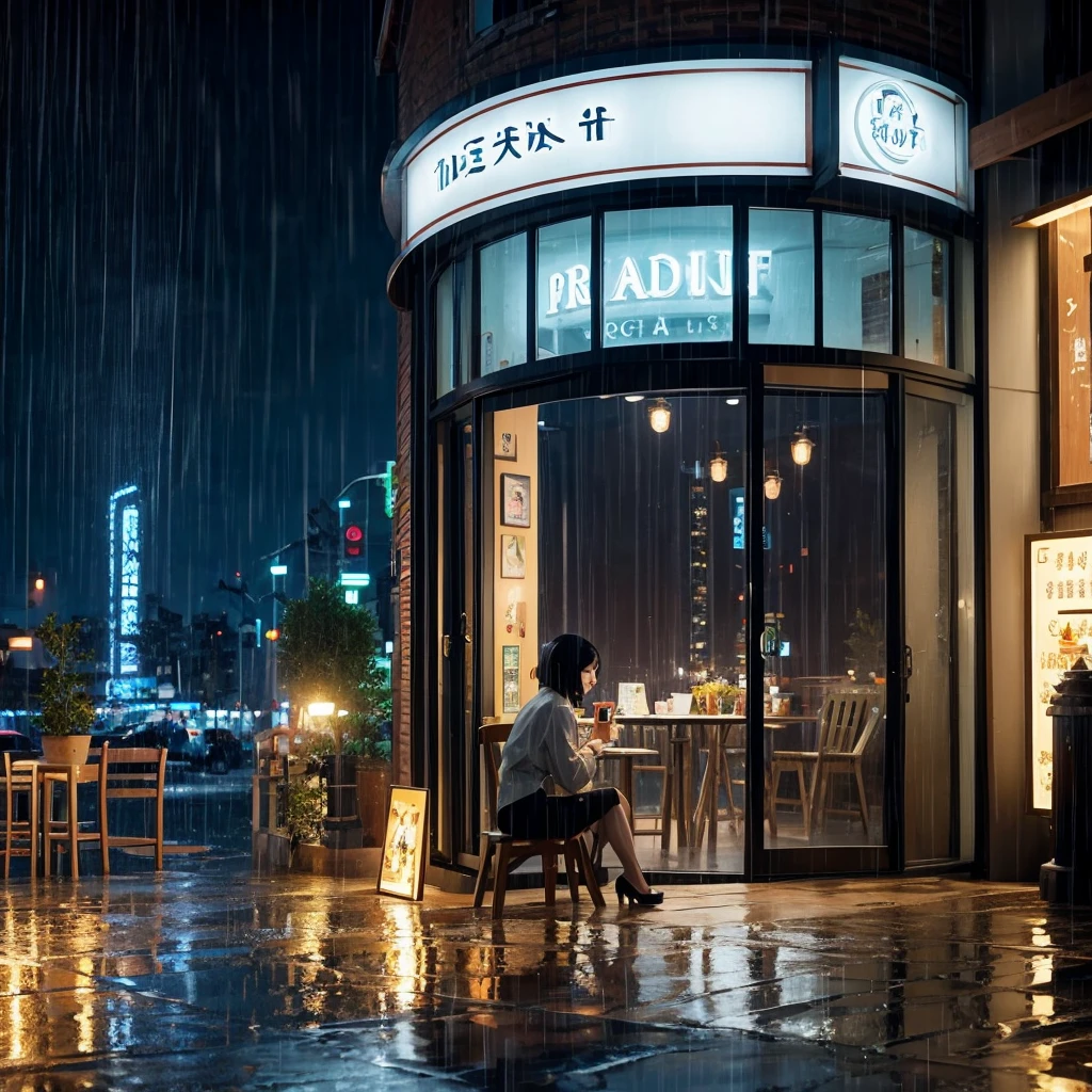 Black Hair　20-year-old　Short Hair Beautiful　Digital Illust View of the night view from inside a cafe　rain