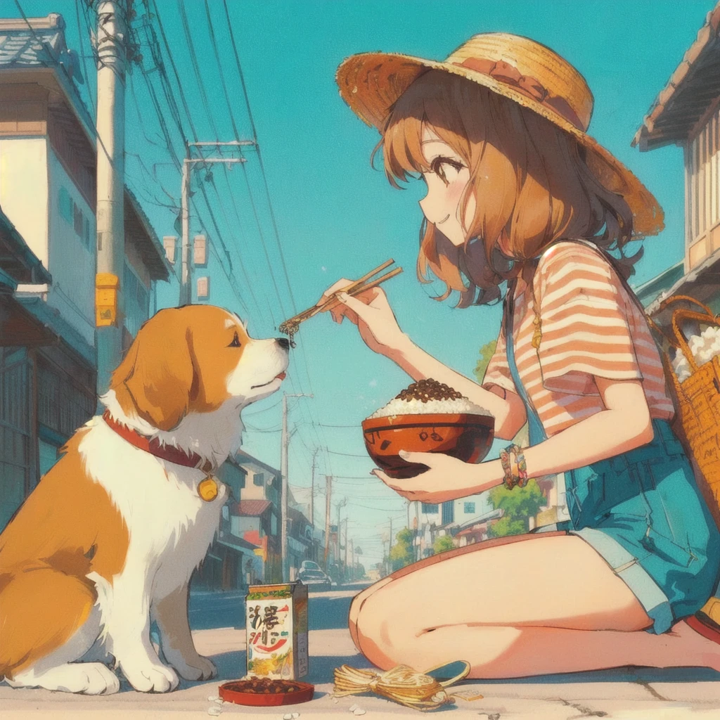 Anime girl feeding a dog on the street with rice topped with natto, smile,praise girl, praise art, praise artstyle, praise, 80s anime style 4k, summer,80&#39;s Town,Showa Town,Japanese art style, Anime-style illustrations, Cute and detailed artwork, praise vibes, Beautiful and detailed anime art, Cute art style, , Realistic Anime 3D Style, Anime-style artwork, Japanese manga style