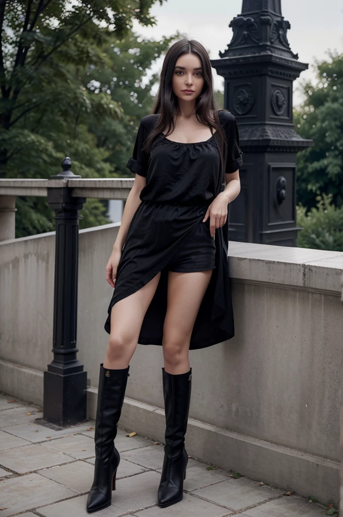 dark hair girl en robe noire et bottes posant sur une balustrade, débardeur et short noirs moulants, Victoria Gavrilenko, porter une camisole et un short, elle porte un débardeur noir, Angelina Stroganova, Alina Ivanchenko, style de Julia Razumova, vêtu d'un haut et d'un short